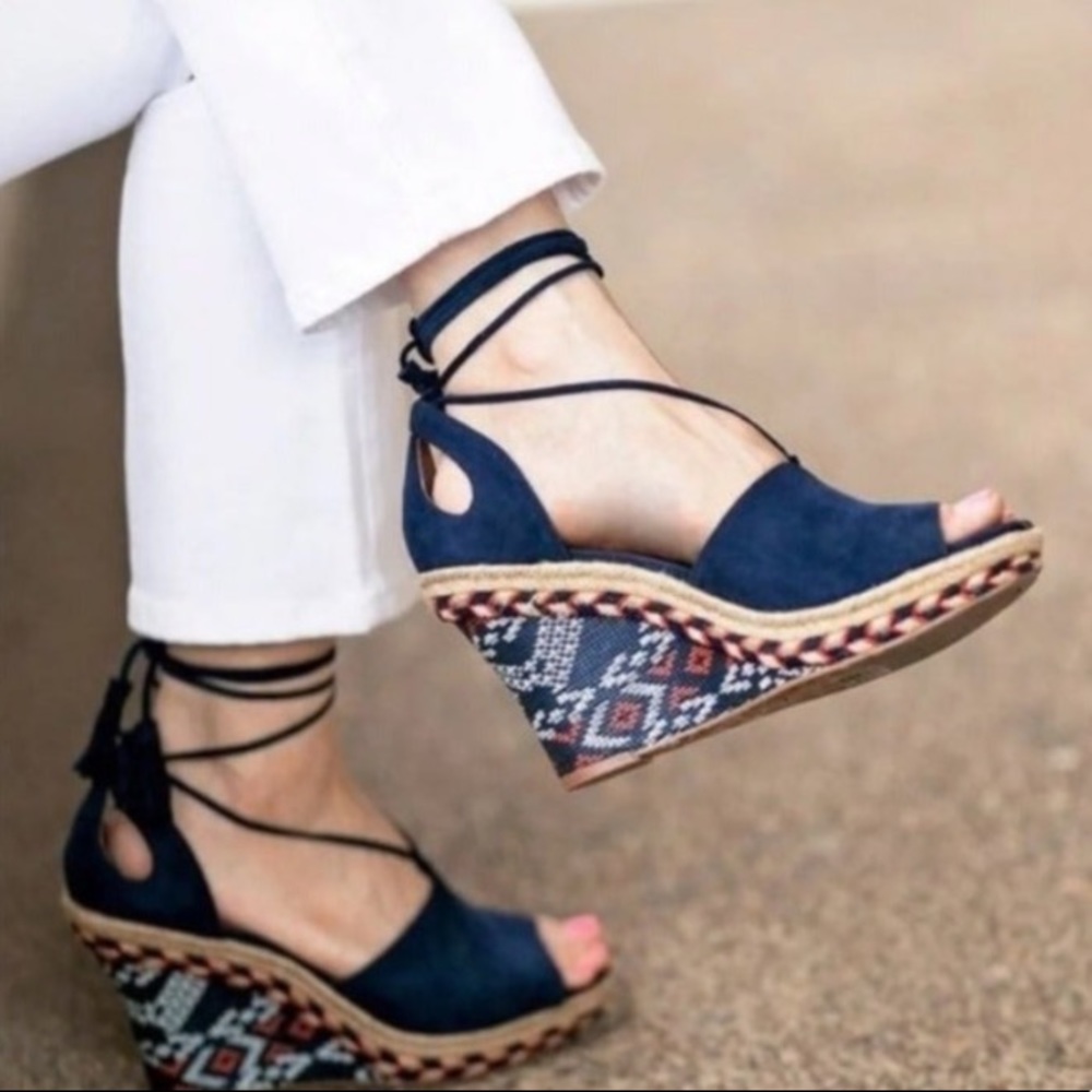 CAbi Navy Espadrilles with Patterned Wedge